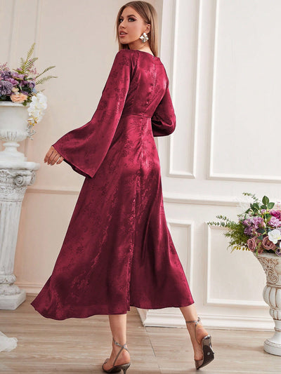 Floral Fantasy: Floral Jacquard Flounce Sleeve Satin Dress