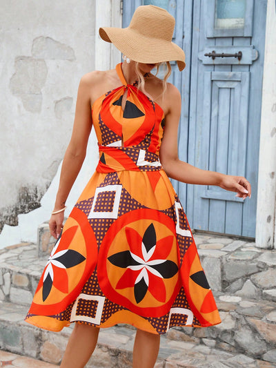 Chic Geo Print Halter Neck Dress – Effortless Style for Every Occasion