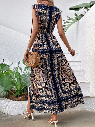 Chic V-Neck Tie-Waist Vacation Dress with Playful Prints