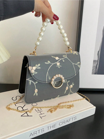 Chic Mini Square Bag with Flower Embroidery & Faux Pearl Accents