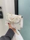 Chic Mini Square Bag with Flower Embroidery & Faux Pearl Accents