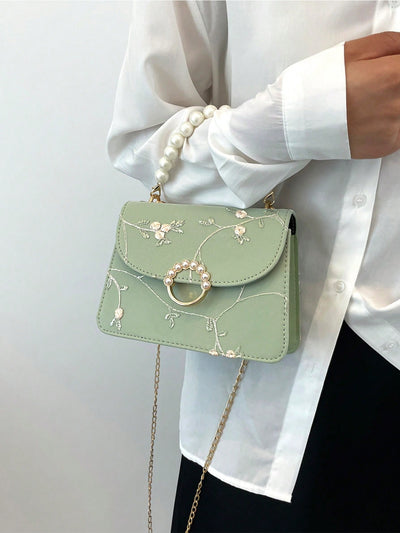 Chic Mini Square Bag with Flower Embroidery & Faux Pearl Accents