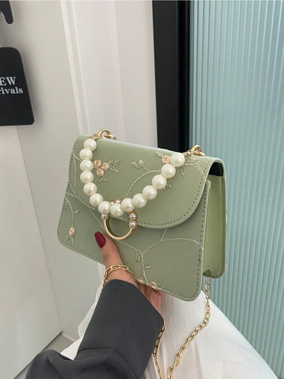 Chic Mini Square Bag with Flower Embroidery & Faux Pearl Accents