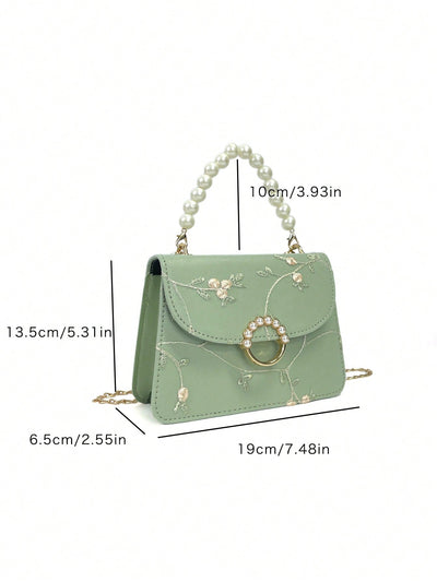 Chic Mini Square Bag with Flower Embroidery & Faux Pearl Accents