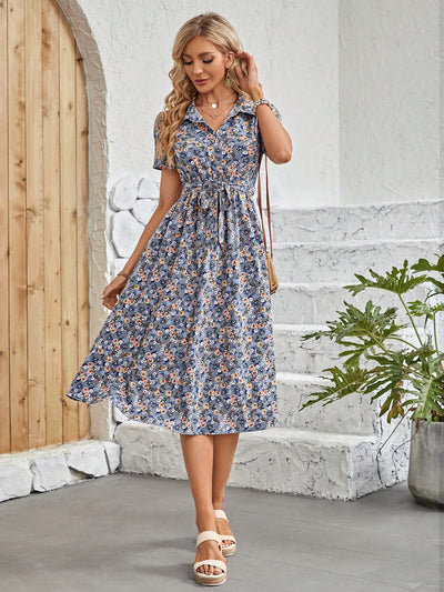 Chic Ditsy Floral Print Belted Shirt Dress - Perfect for Every Occasion