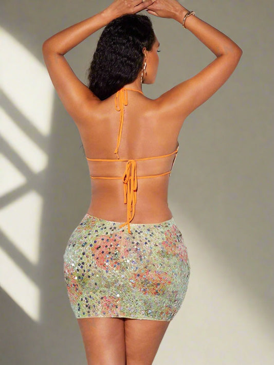 Floral Sequin Sensation: Backless Halter Bodycon Dress