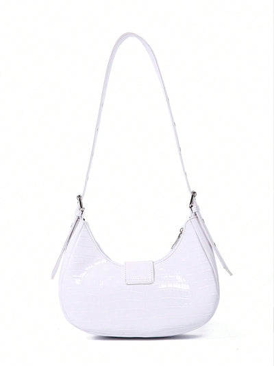 Gothic Chic: White Crocodile Shoulder Bag with Metal Buckles