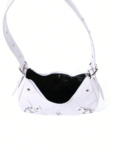 Gothic Chic: White Crocodile Shoulder Bag with Metal Buckles