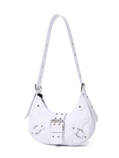 Gothic Chic: White Crocodile Shoulder Bag with Metal Buckles