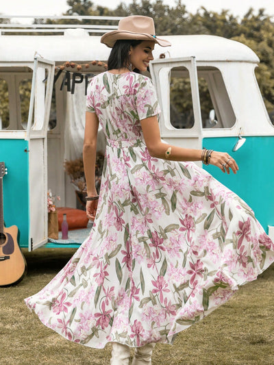 Colorful Floral Printed High-Waisted Slit Dress: The Perfect Spring Look