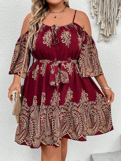 Chic Plus Size Paisley Print Cold Shoulder Belted Dress - Perfect for Any Occasion