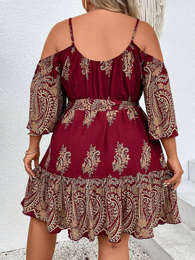 Chic Plus Size Paisley Print Cold Shoulder Belted Dress - Perfect for Any Occasion