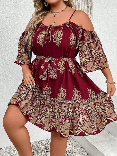 Chic Plus Size Paisley Print Cold Shoulder Belted Dress - Perfect for Any Occasion