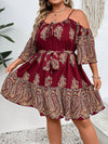 Chic Plus Size Paisley Print Cold Shoulder Belted Dress - Perfect for Any Occasion