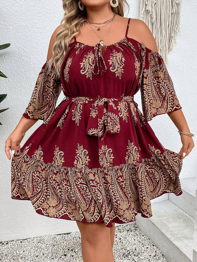 Chic Plus Size Paisley Print Cold Shoulder Belted Dress - Perfect for Any Occasion