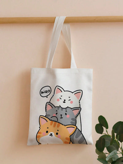 Adorable Cat Lover's Shoulder Bag: Double-Sided Print Canvas Tote