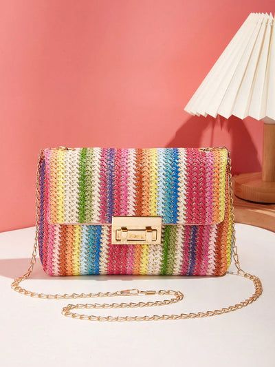 Rainbow Dreams: Striped Pattern Flap Straw Bag for Your Vacation Getaway