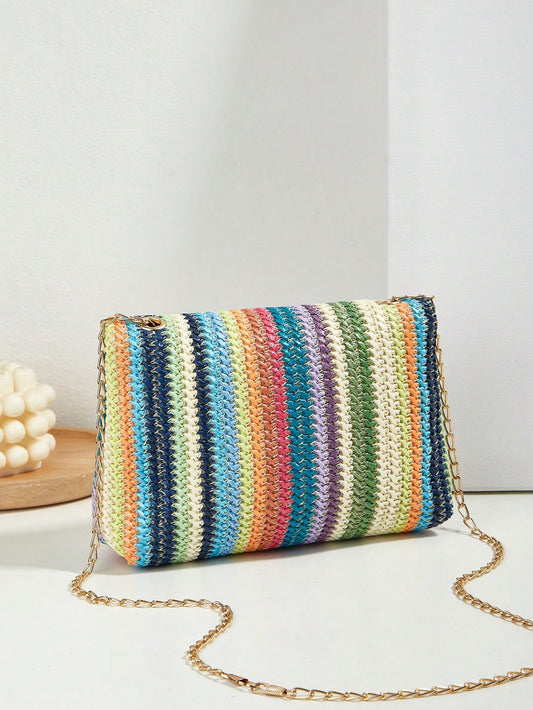 Rainbow Dreams: Striped Pattern Flap Straw Bag for Your Vacation Getaway