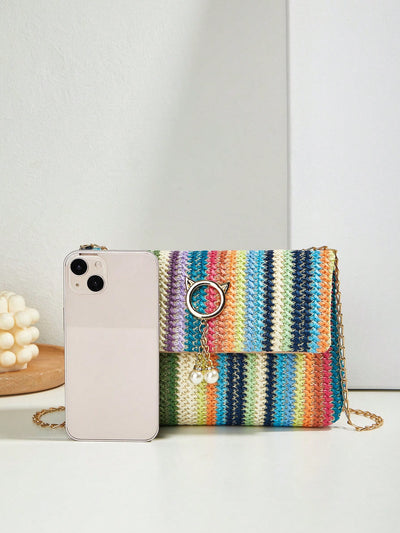 Rainbow Dreams: Striped Pattern Flap Straw Bag for Your Vacation Getaway