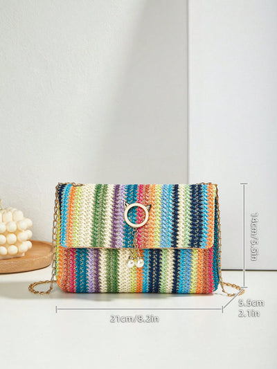 Rainbow Dreams: Striped Pattern Flap Straw Bag for Your Vacation Getaway