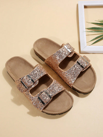 Sparkle in Style: Glitter Double Buckle Footbed Sandals for Women