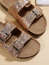 Sparkle in Style: Glitter Double Buckle Footbed Sandals for Women