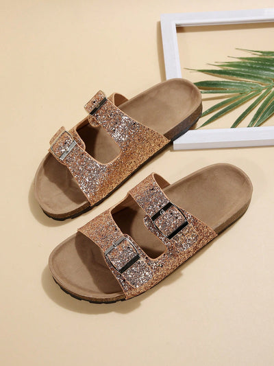 Sparkle in Style: Glitter Double Buckle Footbed Sandals for Women