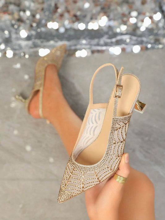Elevate your style with Golden Glamour's Rhinestone Decor Point Toe Pyramid Heeled Slingback Pumps for Women. These stunning pumps feature a pointed toe design adorned with rhinestones, adding a touch of glamour to any outfit.
