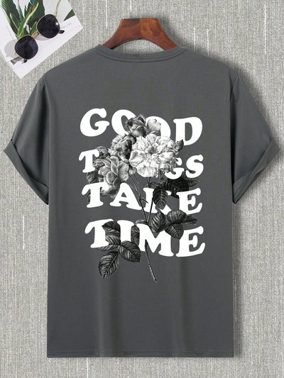 A Stylish Statement Piece with Men's Floral Slogan Graphic Tshirt
