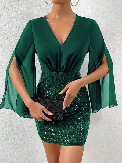 Sparkling Elegance: Contrast Sequin Split Sleeve Bodycon Dress