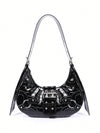 Gothic Chic: White Crocodile Shoulder Bag with Metal Buckles