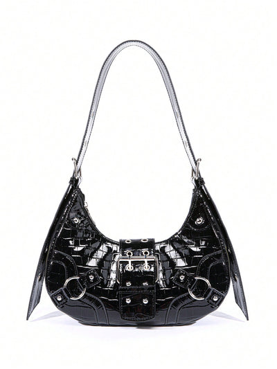 Gothic Chic: White Crocodile Shoulder Bag with Metal Buckles