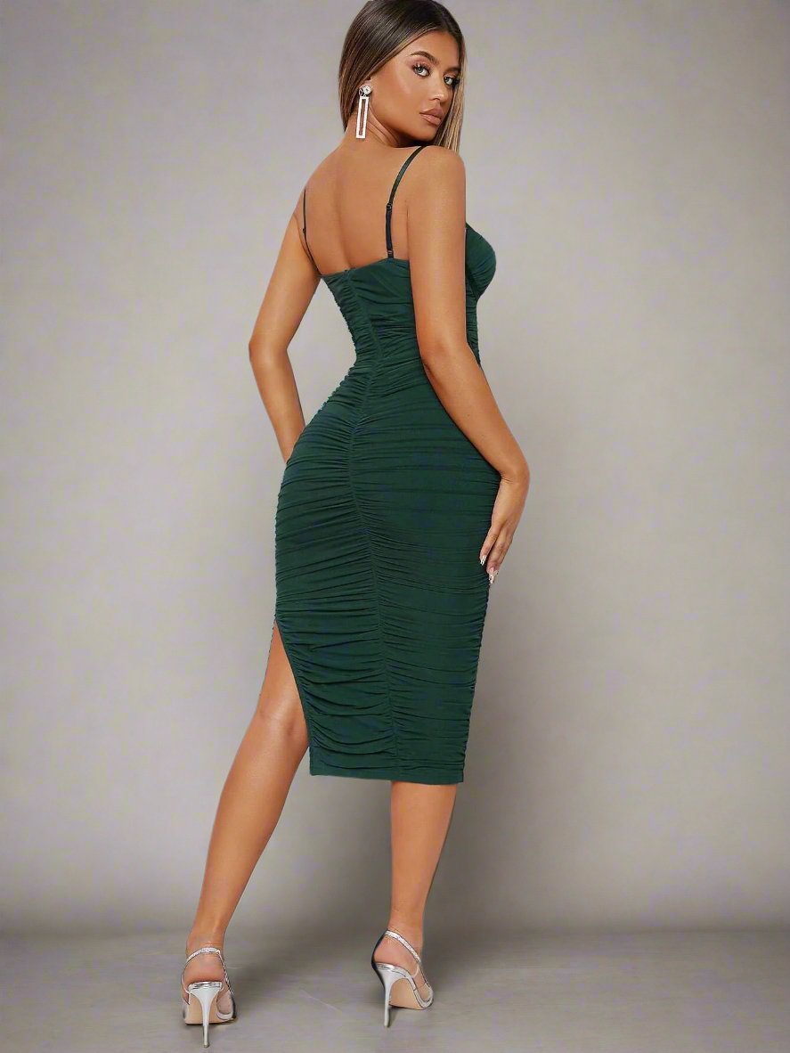 Elevate your style game with our Haute Bustier Mesh Cami Bodycon Dress. With its elegant and confidence-boosting design, this dress is perfect for any occasion. The mesh detailing adds a touch of sophistication while the bodycon fit highlights your curves. Embrace elegance and confidence in this stunning dress.
