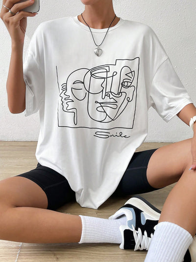 Chic Y2K Abstract Figure Graphic Drop Shoulder Tee for Effortless Summer Style