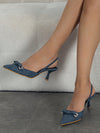 Chic Rhinestone Bow Pointed Toe Slingback Pumps with Pyramid Heels – Stylish Blue Footwear for a Fashionable Flair