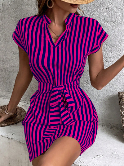 Chic and Sophisticated: Striped Print Notched Neckline Batwing Sleeve Belted Dress