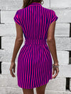 Chic and Sophisticated: Striped Print Notched Neckline Batwing Sleeve Belted Dress