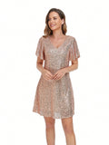 This Glamorous Sequin V-Neck Dress is a must-have for any special occasion. The flounce sleeves add a touch of elegance, while the sequin detailing adds just the right amount of sparkle. Made with high-quality materials, this dress promises both comfort and style. Shine bright and turn heads with this stunning dress.