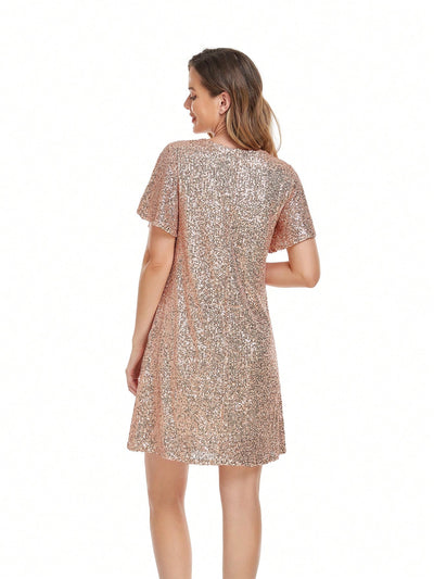 Glamorous Sequin V-Neck Dress with Flounce Sleeves