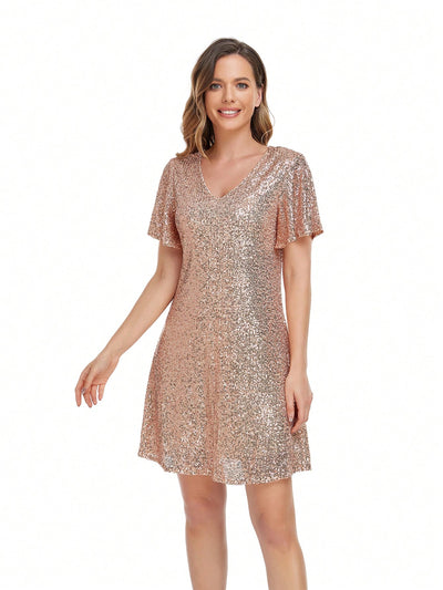 Glamorous Sequin V-Neck Dress with Flounce Sleeves