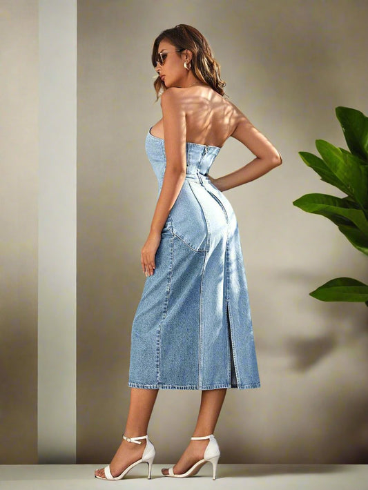 Chic and Sleek: Solid Slit Back Tube Denim Dress