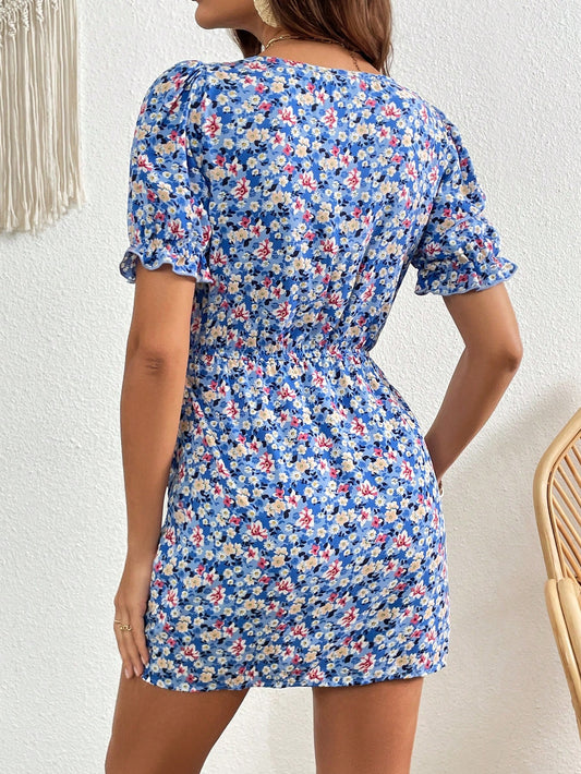 Chic Ditsy Floral Puff Sleeve Dress with Drawstring Front - Perfect for Any Occasion!