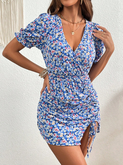 Chic Ditsy Floral Puff Sleeve Dress with Drawstring Front - Perfect for Any Occasion!