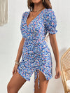 Chic Ditsy Floral Puff Sleeve Dress with Drawstring Front - Perfect for Any Occasion!