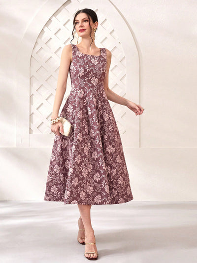 Chic Floral Jacquard Sleeveless Dress with Square Neckline – Perfect for Vacation