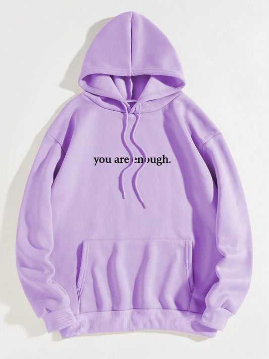 Cozy Style: Slogan Graphic Thermal Hoodie with Kangaroo Pocket