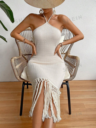 Boho Beauty Fringe Hem Tie Backless Halter Dress