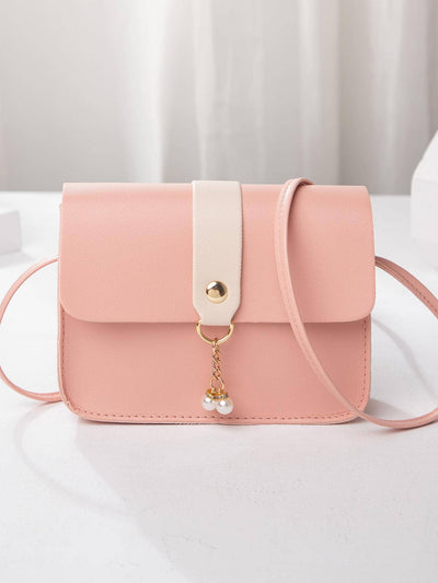 Chic Color Block Crossbody Bag with Pearl Pendant – Perfect Mini Bag for On-the-Go Style