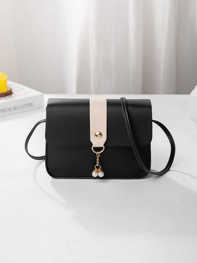 Chic Color Block Crossbody Bag with Pearl Pendant – Perfect Mini Bag for On-the-Go Style