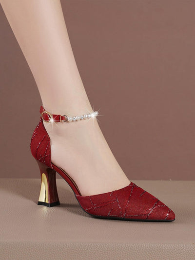 Chic Pointed-Toe Hollow-Out Chunky Heeled Pumps with Ankle Strap